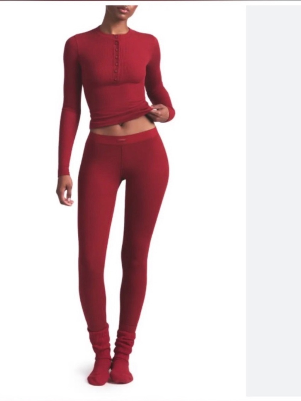 SKIMS Cotton Ribbed Henley with Leggings Set In Brick